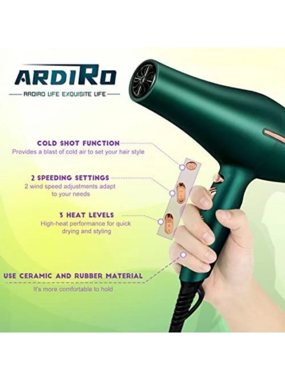 2000W Ionic Hair Dryer - Professional Low Noise Blow Dryer with Diffuser, 3 Heat